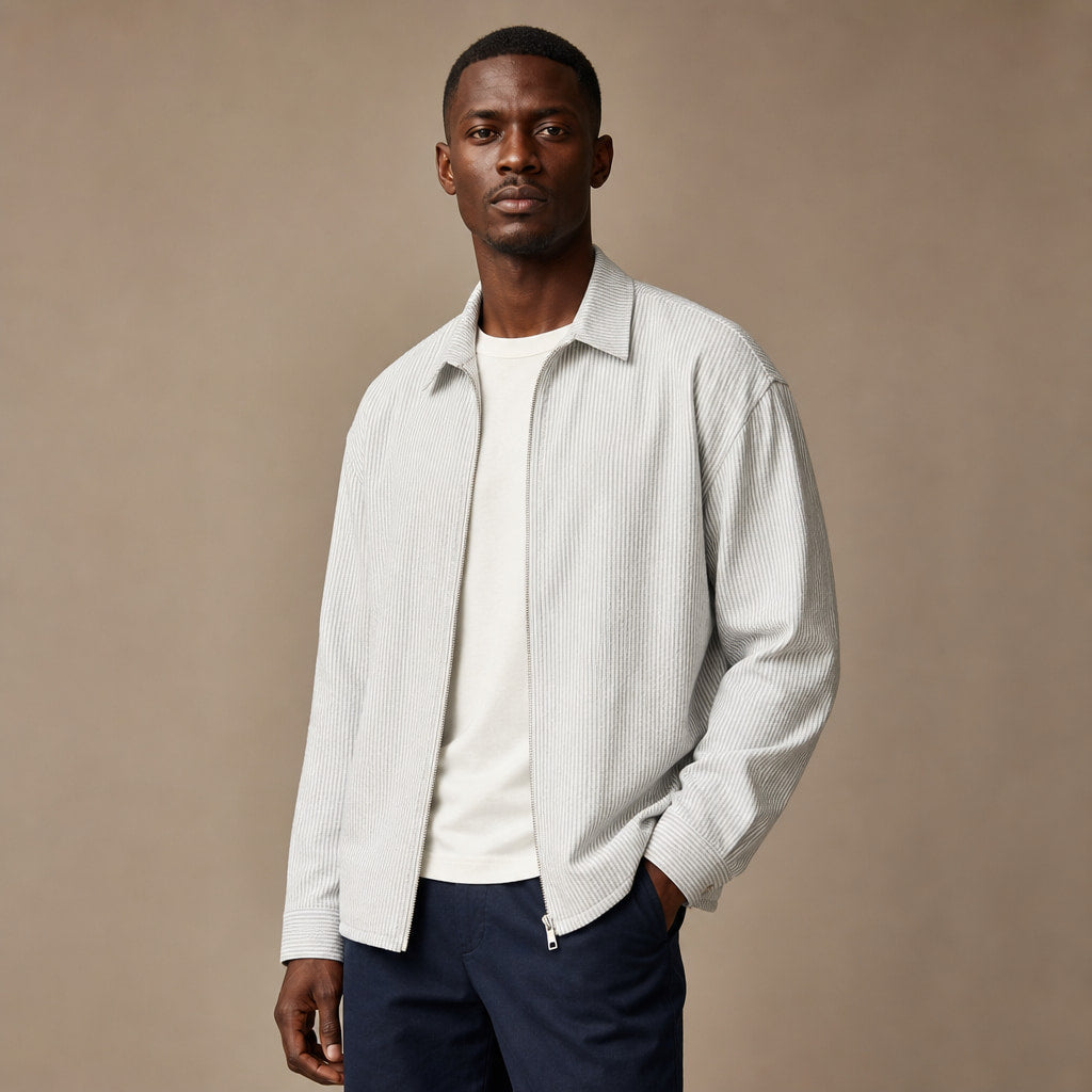 Nantucket Striped Zip-Up Longsleeve Light Gray – Side Angle View