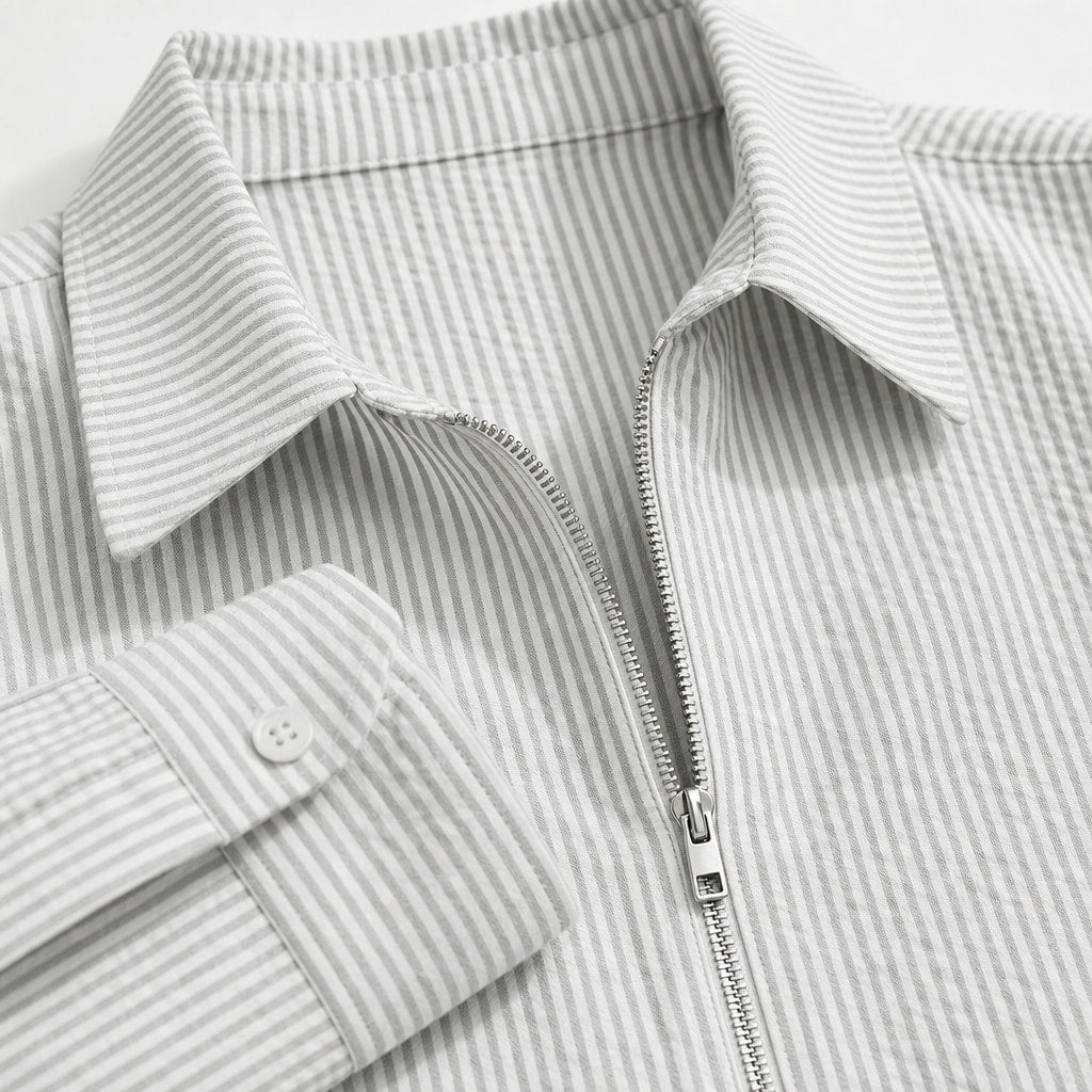 Nantucket Striped Zip-Up Longsleeve Light Gray – Fabric and Detail Close-Up