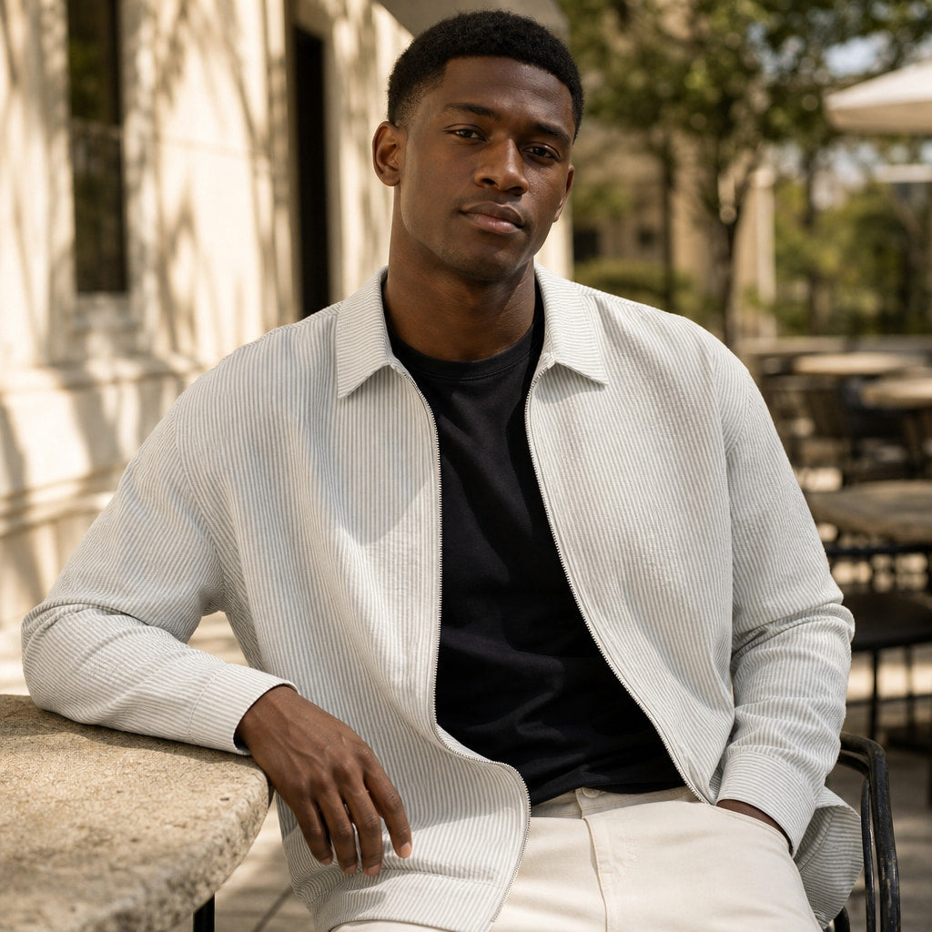 Nantucket Striped Zip-Up Longsleeve Light Gray – Styled Editorial Shot