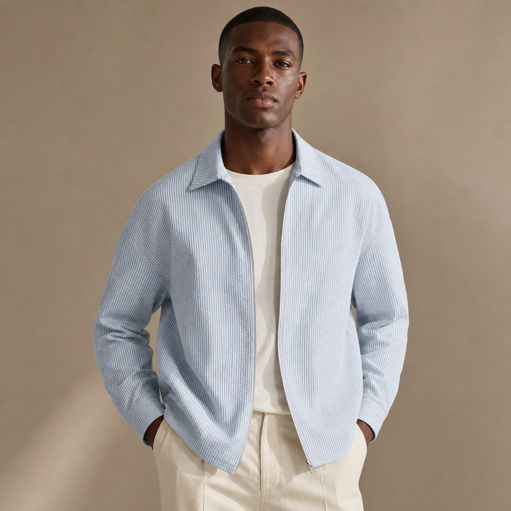 Nantucket Striped Zip-Up Longsleeve Pastel Blue – Product Photo
