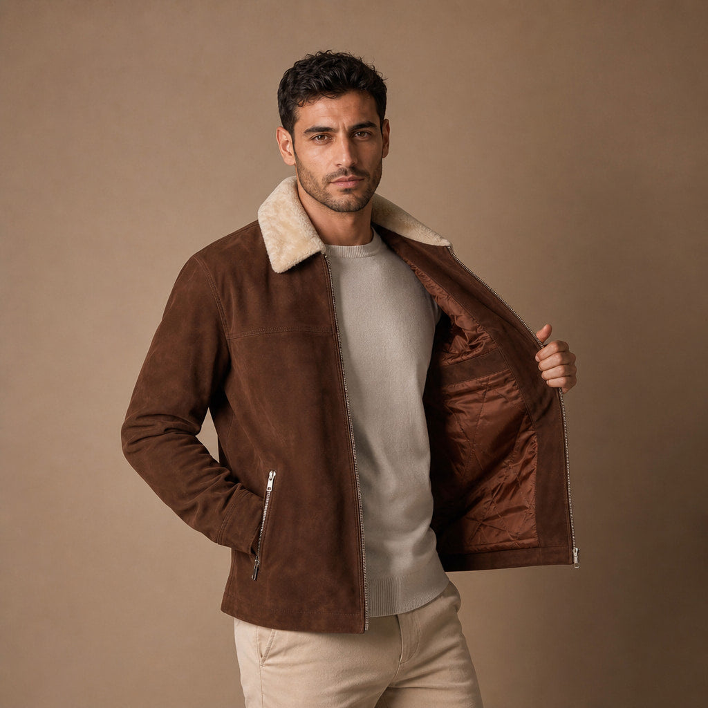 Nightingale Dark Brown Shearling Suede Leather Biker Jacket For Men Brown – Side Angle View