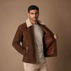 Nightingale Dark Brown Shearling Suede Leather Biker Jacket For Men Brown – Side Angle View