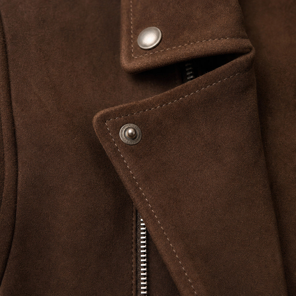 Nightingale Dark Brown Shearling Suede Leather Biker Jacket For Men Brown – Fabric and Detail Close-Up