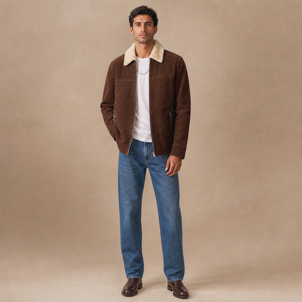 Nightingale Dark Brown Shearling Suede Leather Biker Jacket For Men Brown – Full Look