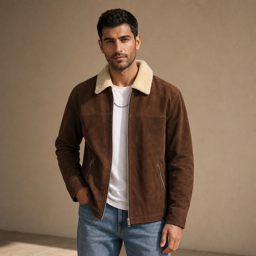 Nightingale Dark Brown Shearling Suede Leather Biker Jacket For Men Brown – Product Photo