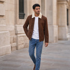 Nightingale Dark Brown Shearling Suede Leather Biker Jacket For Men Brown – Styled Editorial Shot