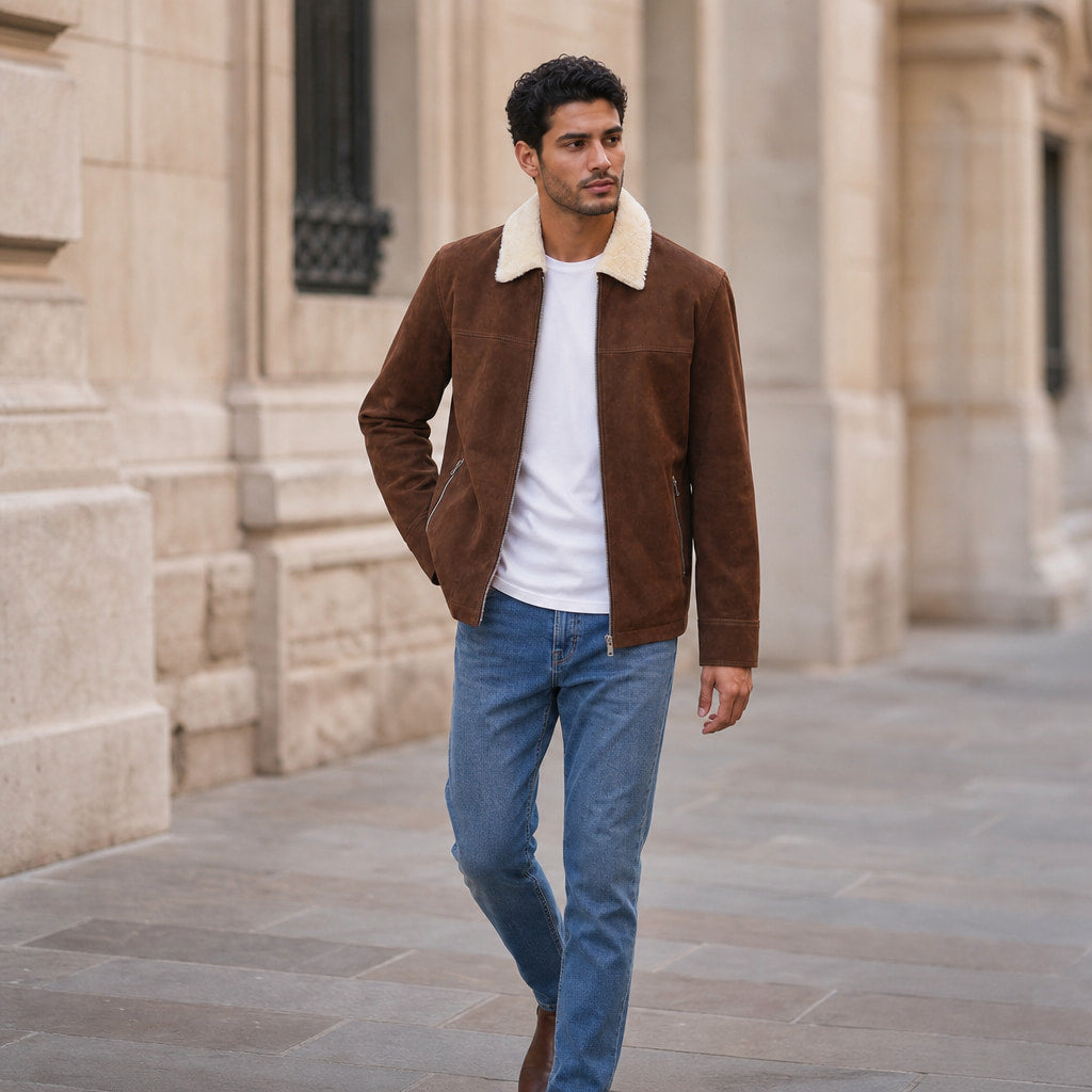 Nightingale Dark Brown Shearling Suede Leather Biker Jacket For Men Brown – Styled Editorial Shot