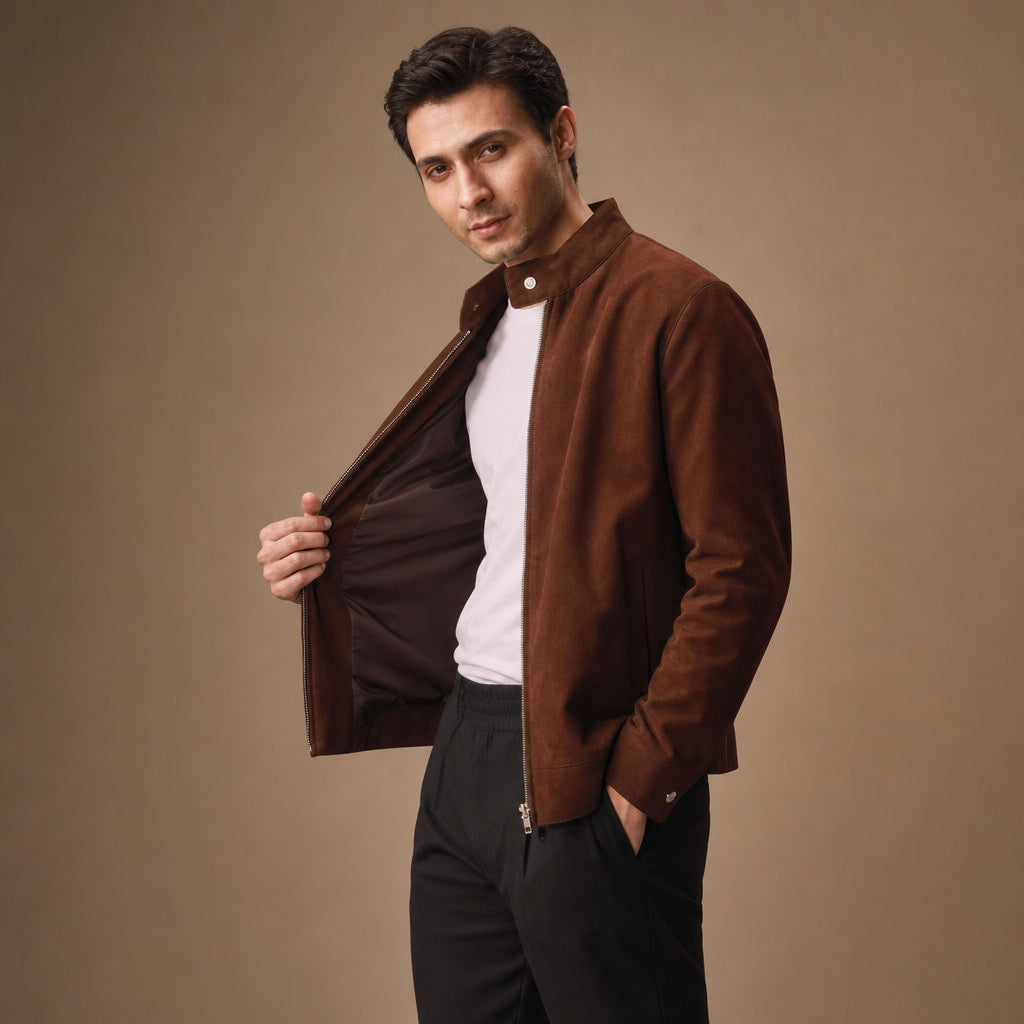 Nightvale Dark Brown Suede Leather Bomber Jacket For Men Brown – Side Angle View