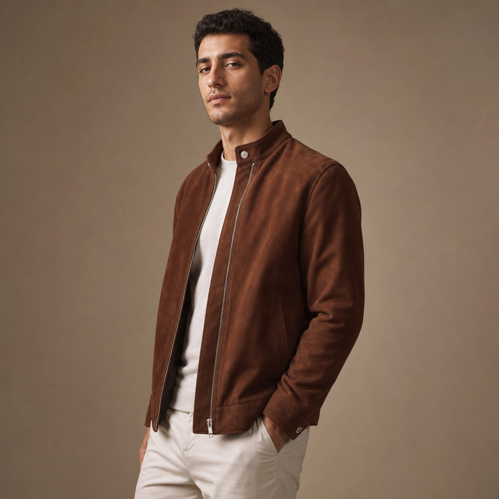 Nightvale Dark Brown Suede Leather Bomber Jacket For Men Brown – Side Angle View