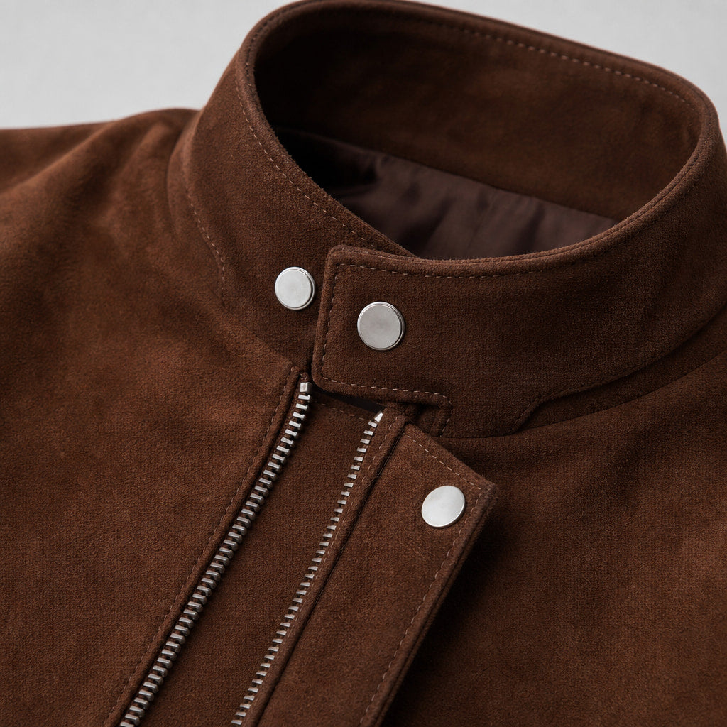 Nightvale Dark Brown Suede Leather Bomber Jacket For Men Brown – Fabric and Detail Close-Up