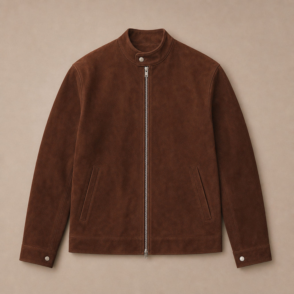 Nightvale Dark Brown Suede Leather Bomber Jacket For Men Brown – Flat Lay Product Photo
