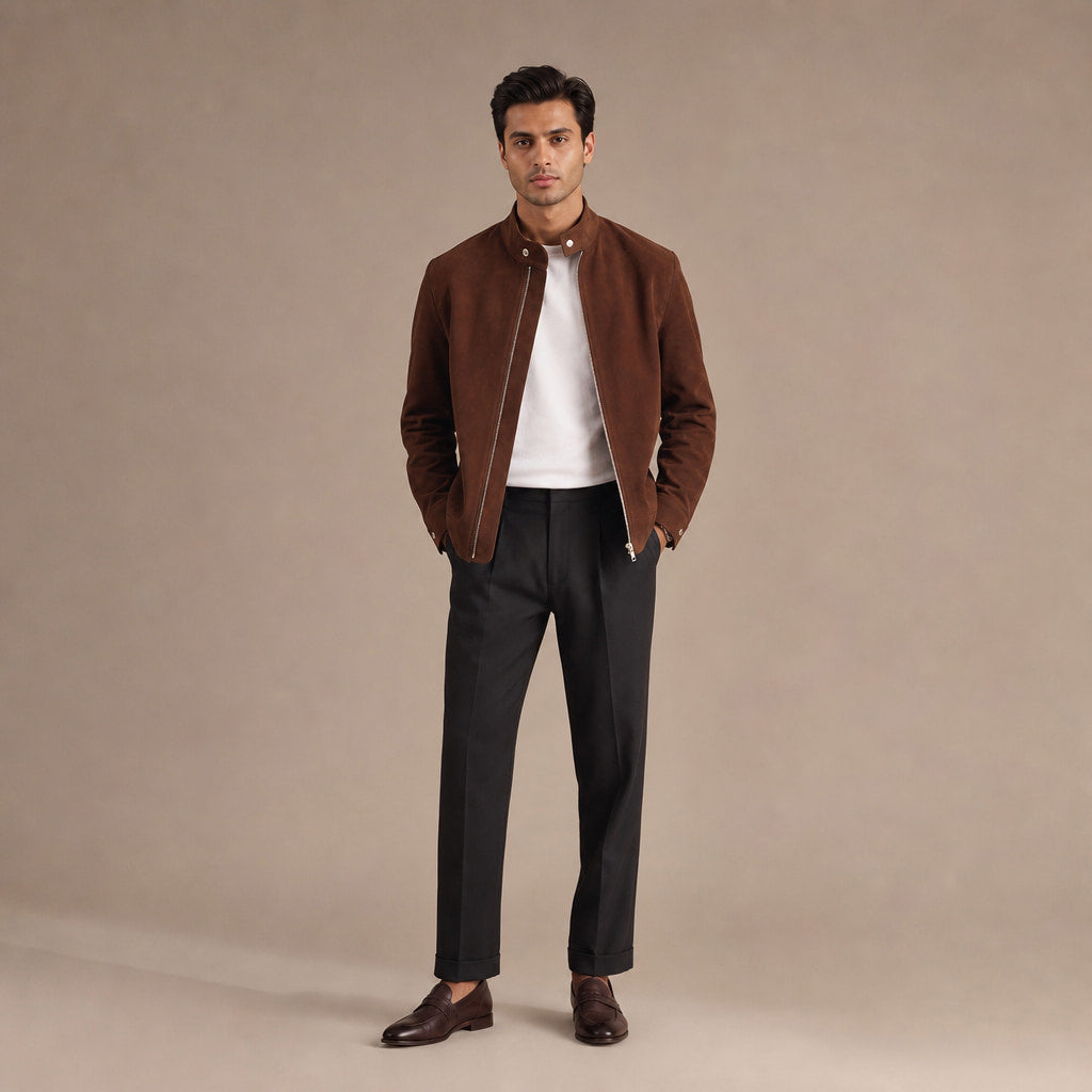 Nightvale Dark Brown Suede Leather Bomber Jacket For Men Brown – Full Look