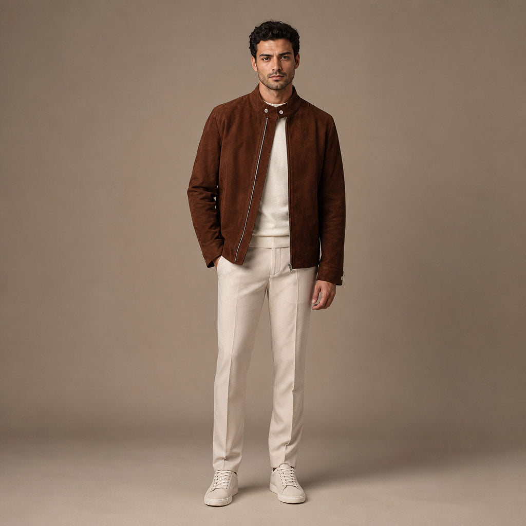 Nightvale Dark Brown Suede Leather Bomber Jacket For Men Brown – Full Look