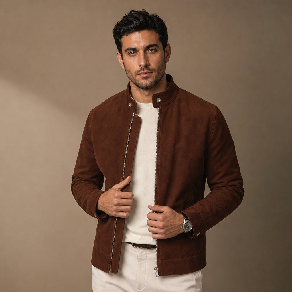 Nightvale Dark Brown Suede Leather Bomber Jacket For Men Brown – Product Photo