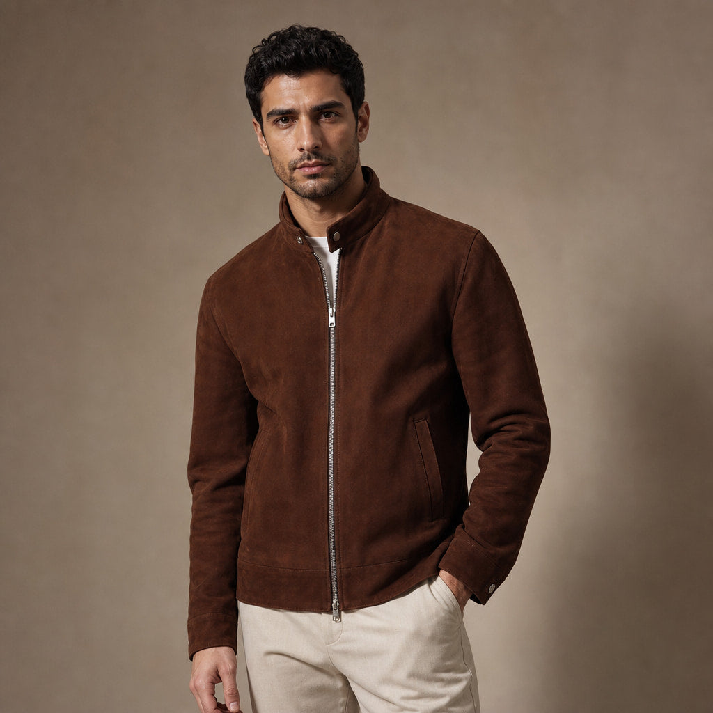 Nightvale Dark Brown Suede Leather Bomber Jacket For Men in Brown – Tarlano Premium Menswear