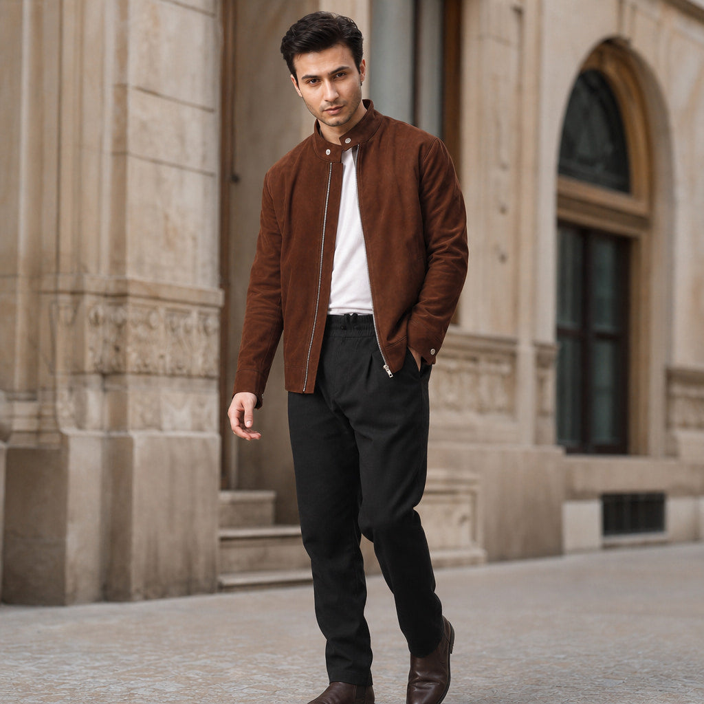Nightvale Dark Brown Suede Leather Bomber Jacket For Men Brown – Styled Editorial Shot