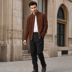 Nightvale Dark Brown Suede Leather Bomber Jacket For Men Brown – Styled Editorial Shot