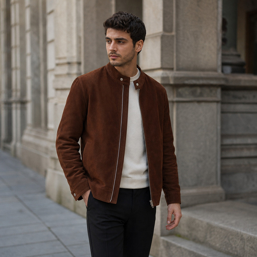 Nightvale Dark Brown Suede Leather Bomber Jacket For Men Brown – Styled Editorial Shot