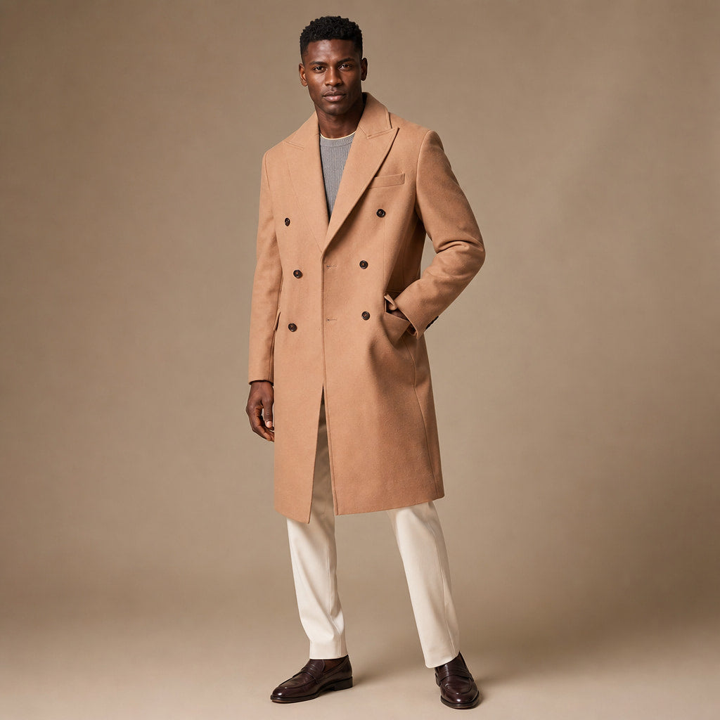 Nimbus Double-breasted Tan Wool Overcoat For Men Tan – Side Angle View
