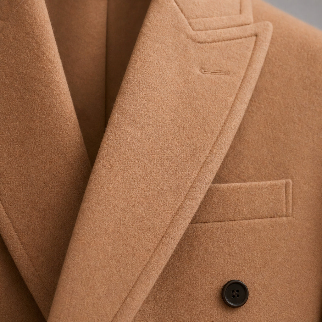 Nimbus Double-breasted Tan Wool Overcoat For Men Tan – Fabric and Detail Close-Up