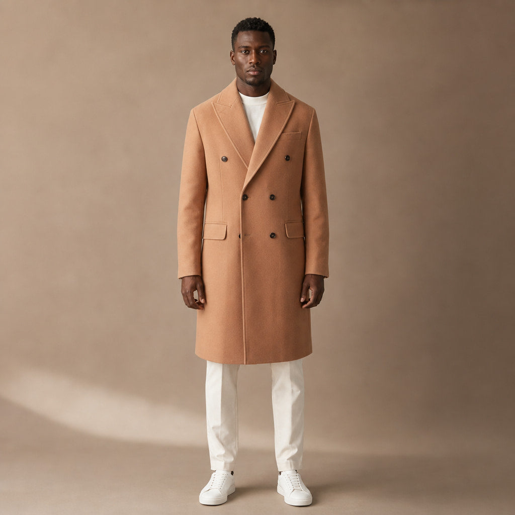 Nimbus Double-breasted Tan Wool Overcoat For Men in Tan – Tarlano Premium Menswear