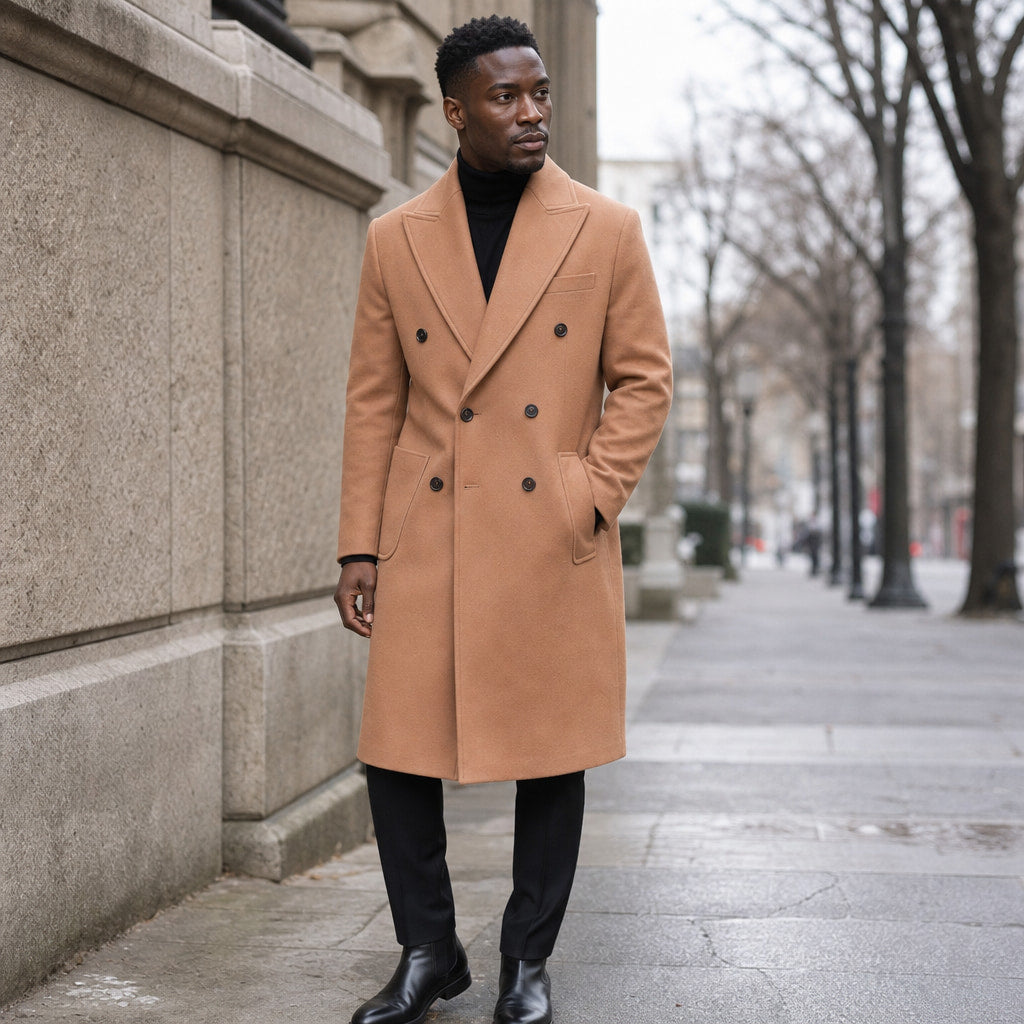 Nimbus Double-breasted Tan Wool Overcoat For Men Tan – Styled Editorial Shot