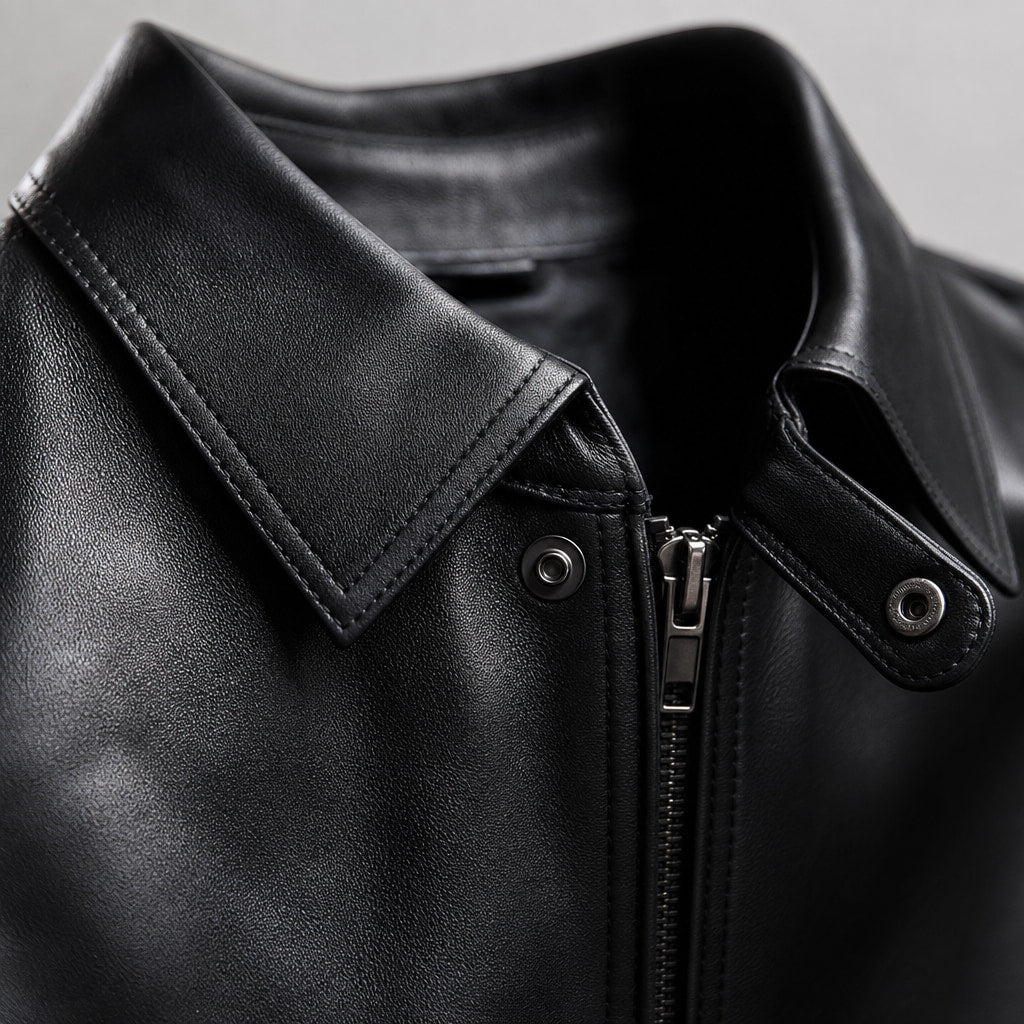 Nonchalant Black Harrington Leather Jacket For Men Black – Fabric and Detail Close-Up
