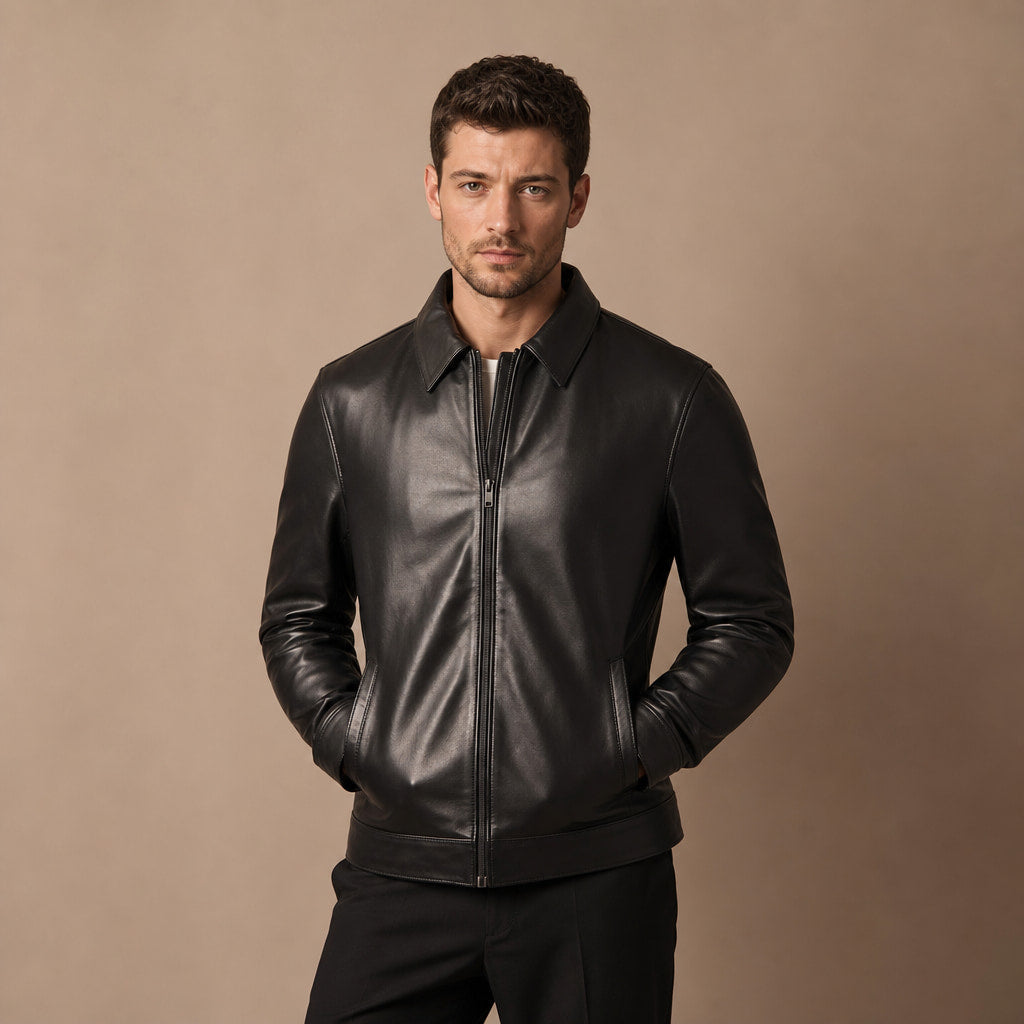 Nonchalant Black Harrington Leather Jacket For Men Black – Product Photo