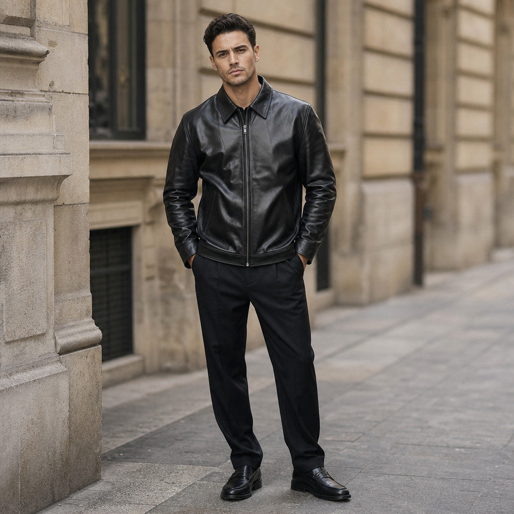 Nonchalant Black Harrington Leather Jacket For Men Black – Styled Editorial Shot