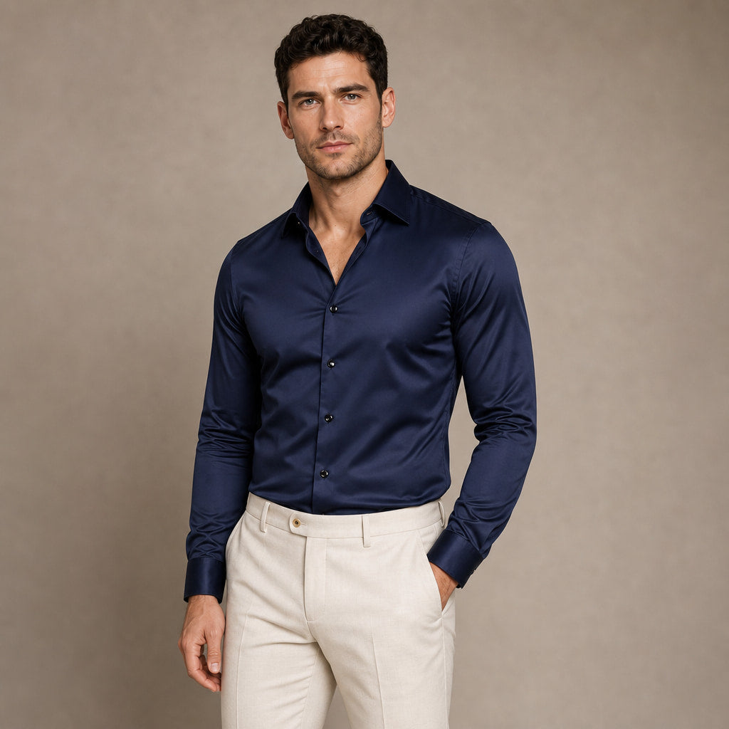 Dress Shirt Slim Fit Stretch Navy – Side Angle View