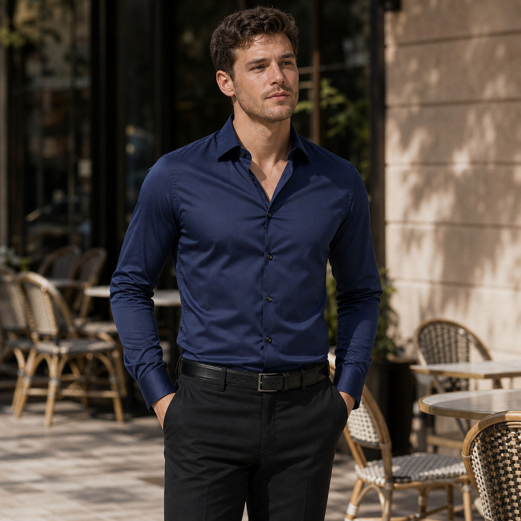 Dress Shirt Slim Fit Stretch Navy – Styled Editorial Shot