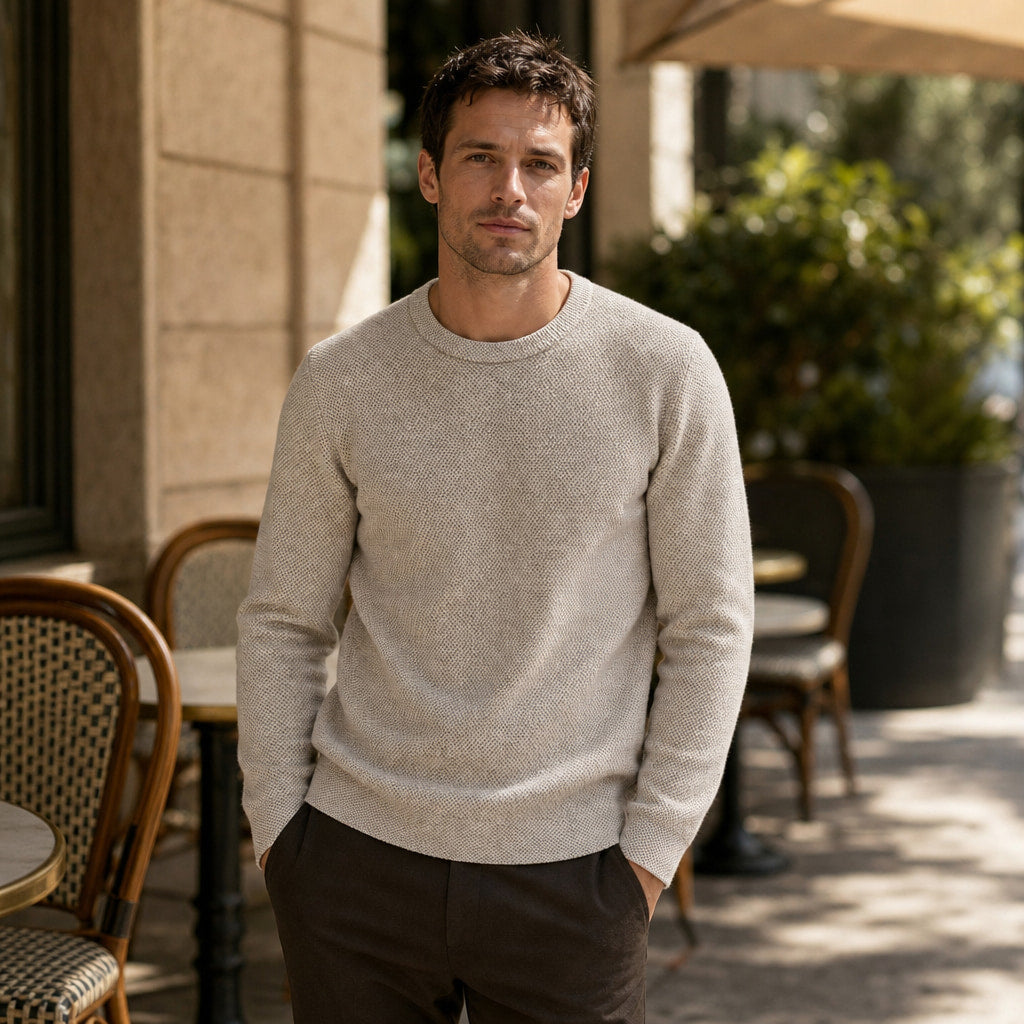 Numana Wool Birdseye Crewneck Oat – Styled Editorial Shot