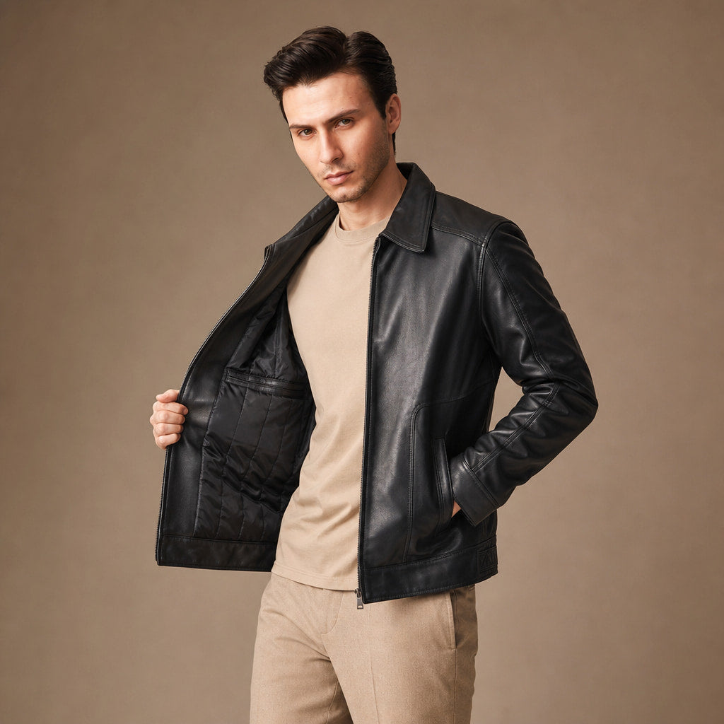 Obsidian Black Leather Biker Jacket For Men Black – Side Angle View