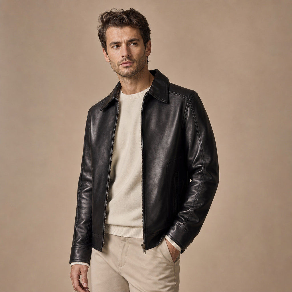 Obsidian Black Leather Biker Jacket For Men Black – Side Angle View