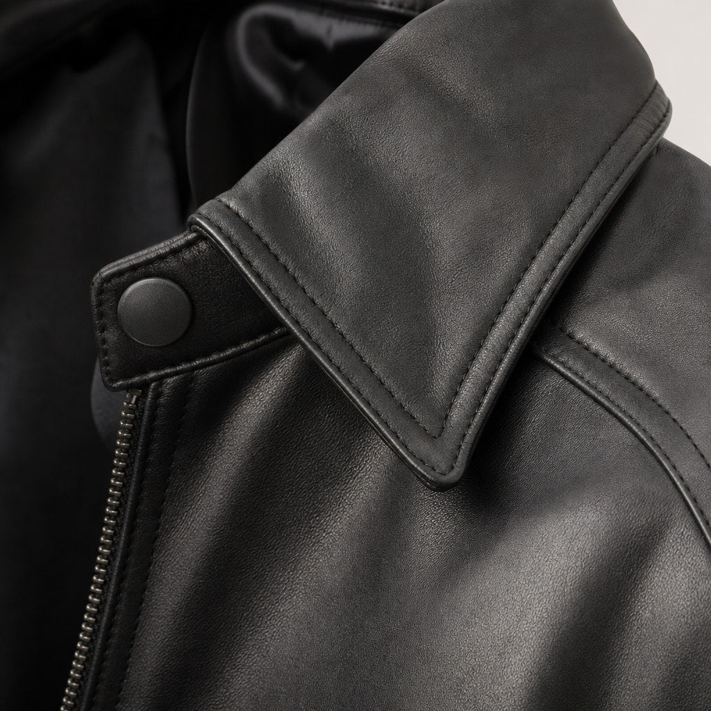 Obsidian Black Leather Biker Jacket For Men Black – Fabric and Detail Close-Up