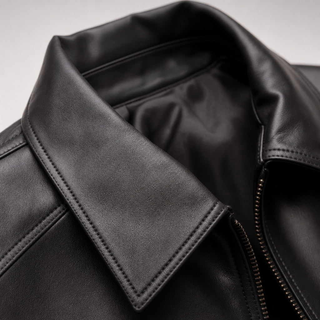 Obsidian Black Leather Biker Jacket For Men Black – Fabric and Detail Close-Up