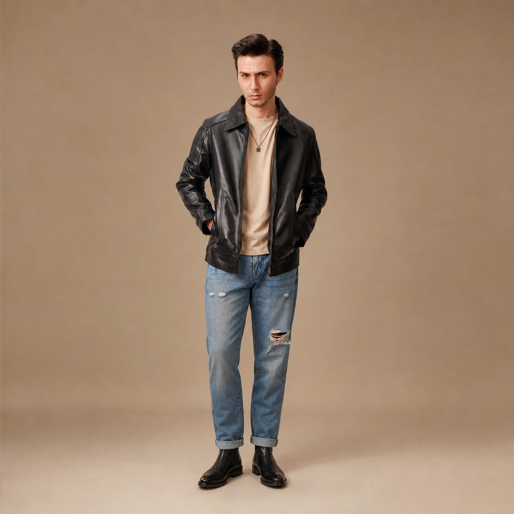 Obsidian Black Leather Biker Jacket For Men Black – Full Look