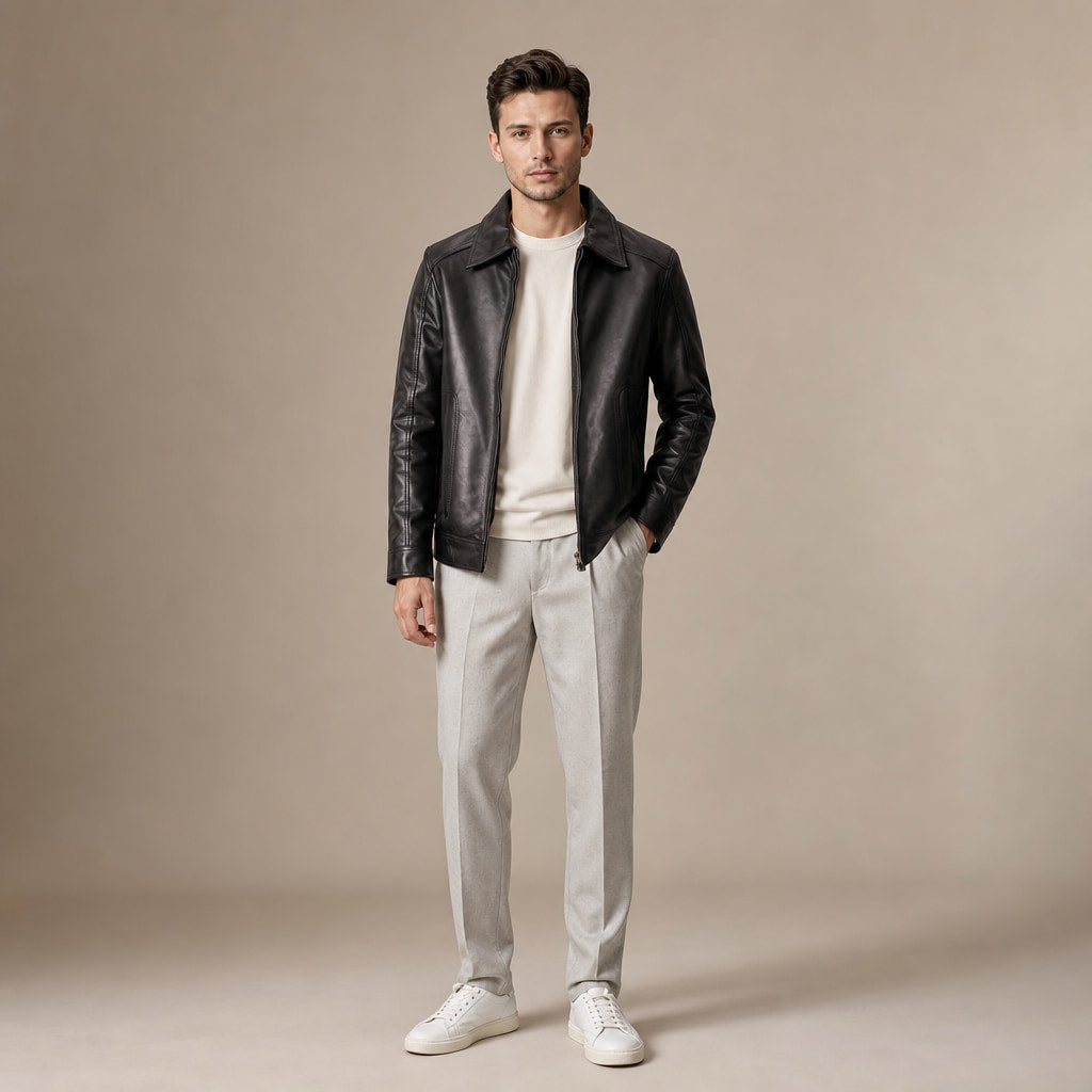 Obsidian Black Leather Biker Jacket For Men Black – Full Look