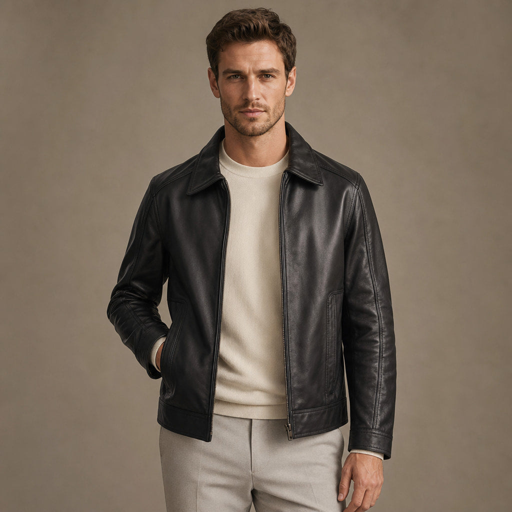 Obsidian Black Leather Biker Jacket For Men Black – Product Photo