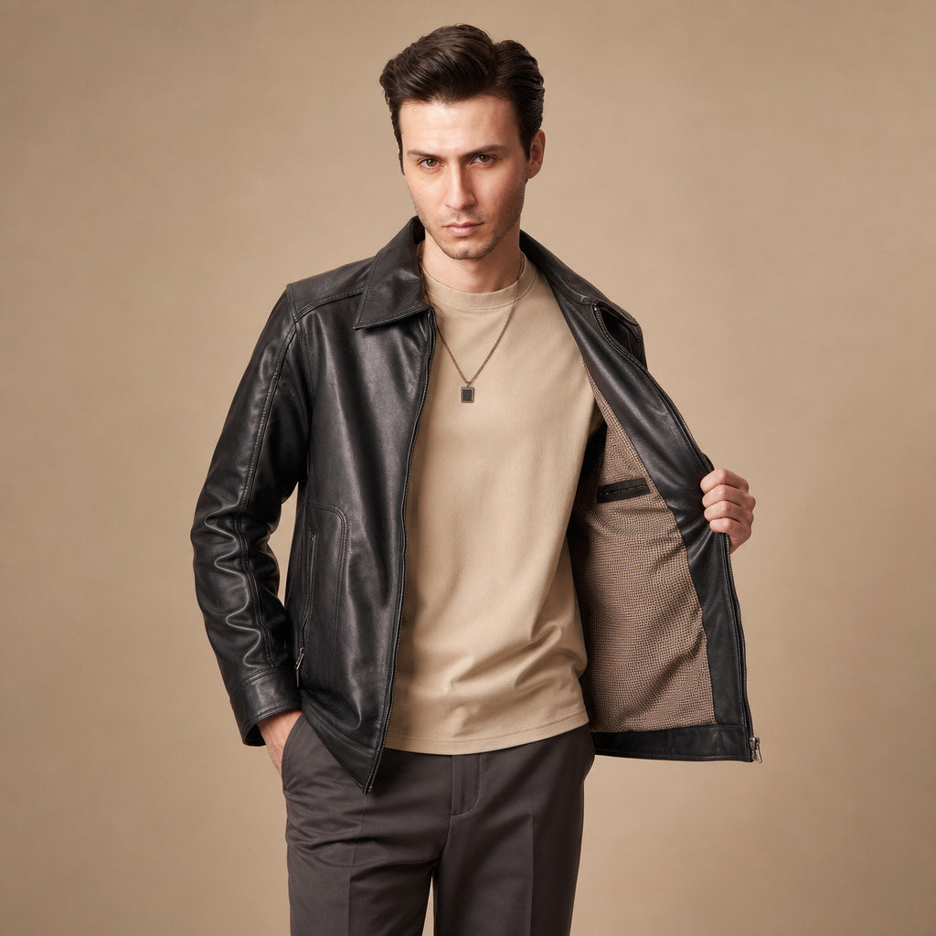 Obsidian Black Leather Biker Jacket For Men in Black – Tarlano Premium Menswear