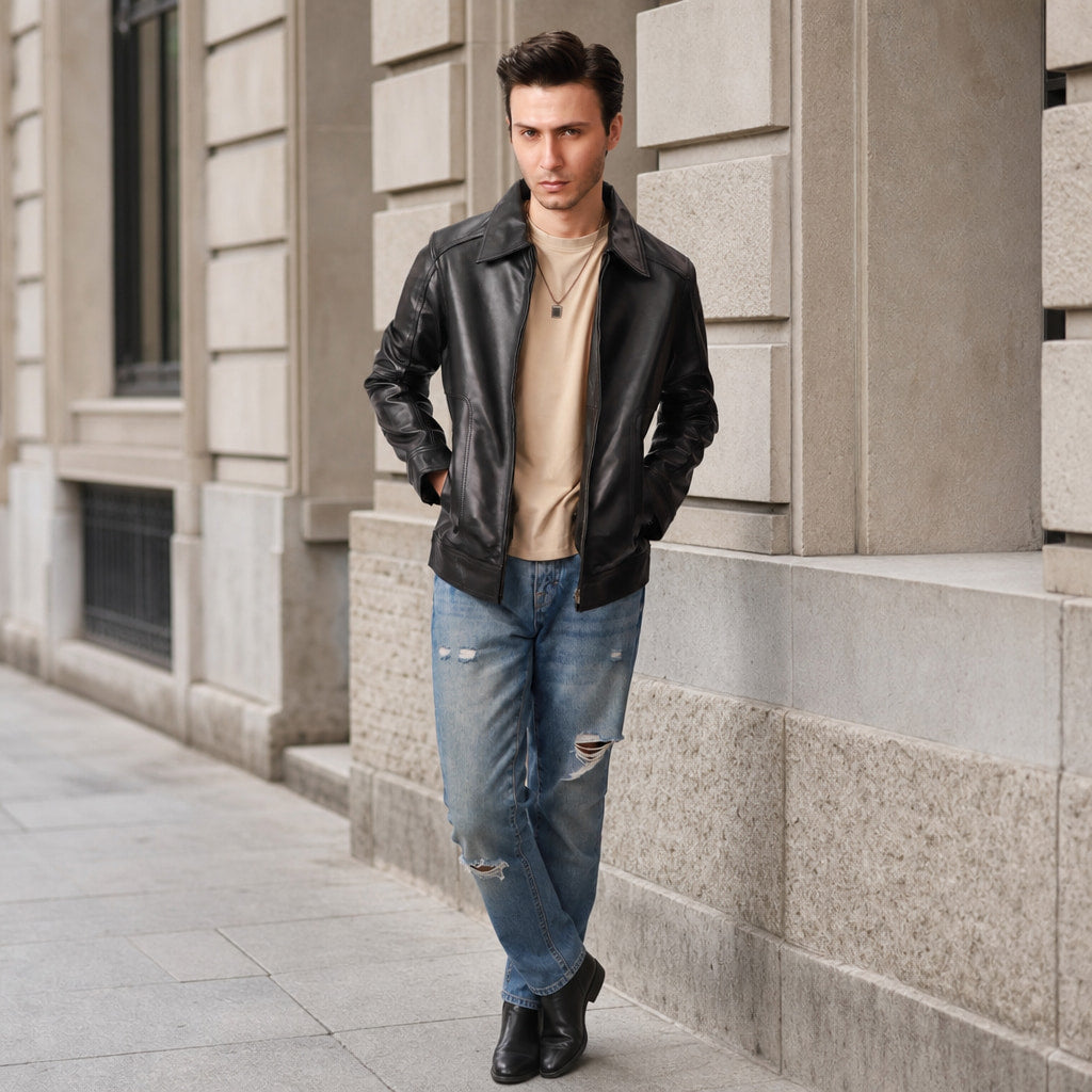Obsidian Black Leather Biker Jacket For Men Black – Styled Editorial Shot
