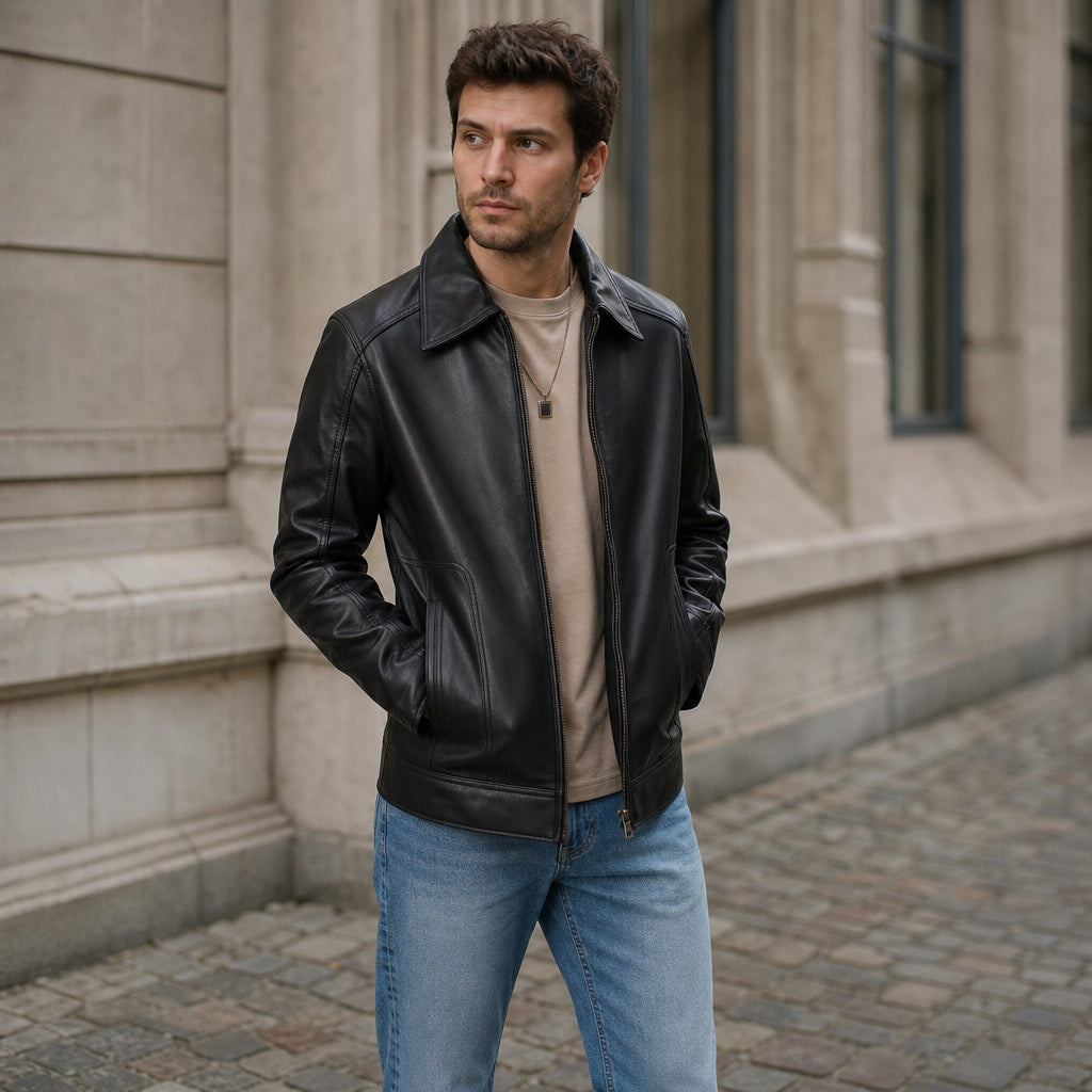 Obsidian Black Leather Biker Jacket For Men Black – Styled Editorial Shot