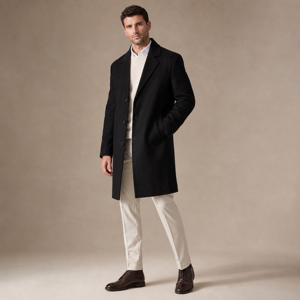 Outlawed Single-breasted Black Wool Overcoat For Men Black – Side Angle View