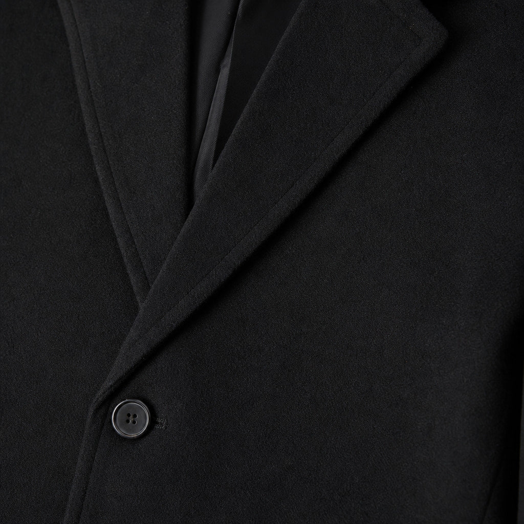 Outlawed Single-breasted Black Wool Overcoat For Men Black – Fabric and Detail Close-Up
