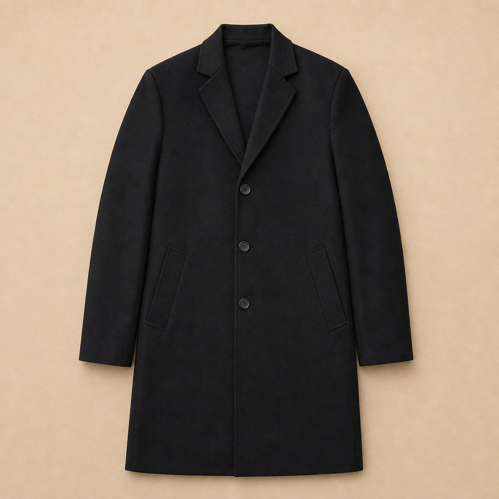 Outlawed Single-breasted Black Wool Overcoat For Men Black – Flat Lay Product Photo