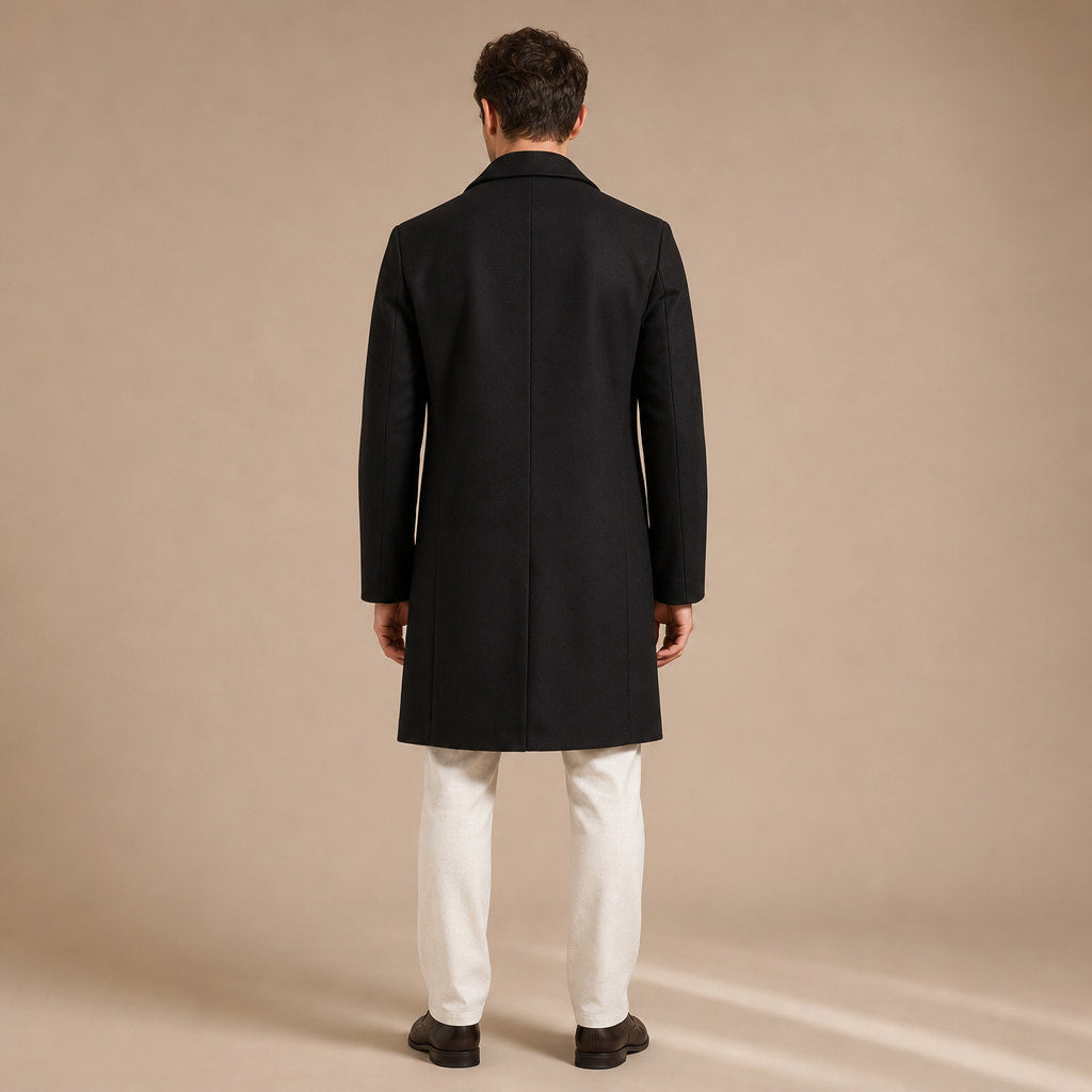 Outlawed Single-breasted Black Wool Overcoat For Men Black – Full Look
