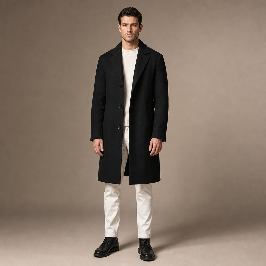 Outlawed Single-breasted Black Wool Overcoat For Men in Black – Tarlano Premium Menswear