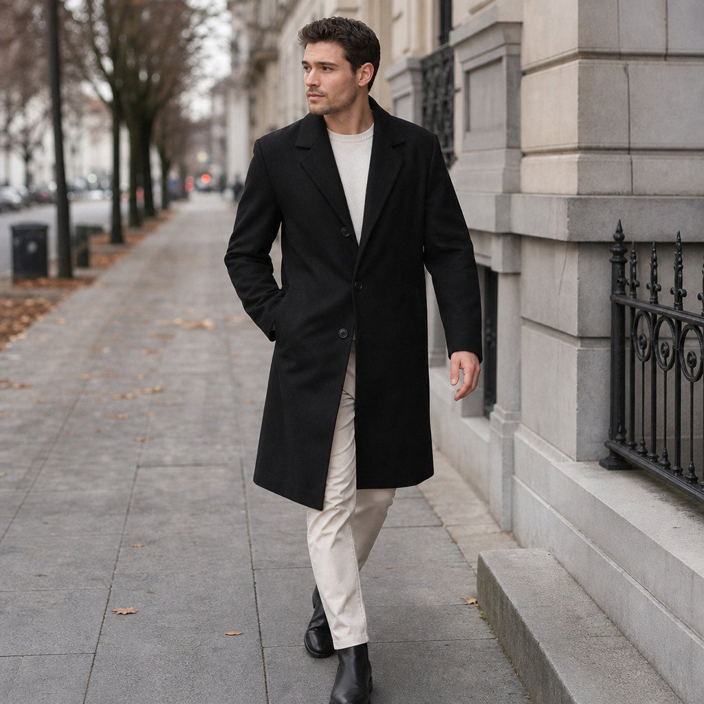Outlawed Single-breasted Black Wool Overcoat For Men Black – Styled Editorial Shot