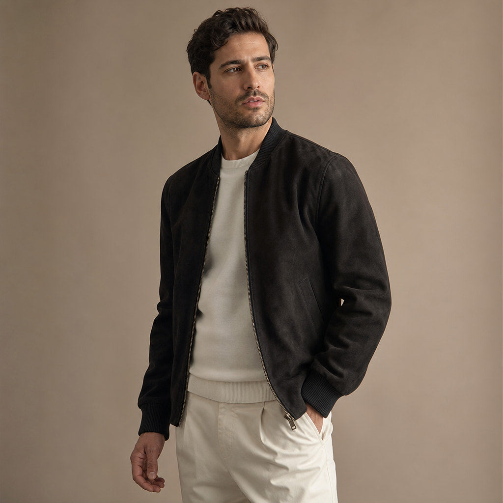 Panther Black Suede Leather Bomber Jacket For Men Black – Side Angle View