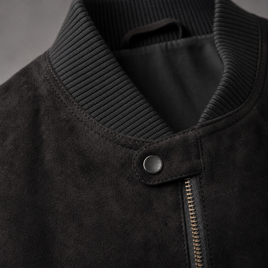 Panther Black Suede Leather Bomber Jacket For Men Black – Fabric and Detail Close-Up